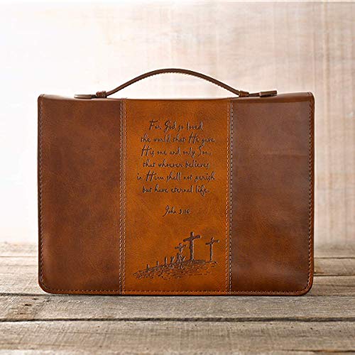 Christian Art Gifts Men/Women's Classic Bible Cover Gospel John 3:16, Brown Faux Leather, Large