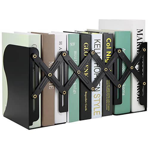 Adjustable Bookends, Book Holders for Shelves, Metal Book Ends for Heavy Books, Extends Up to 17 Inches Used in Office, Desk and School (Black)