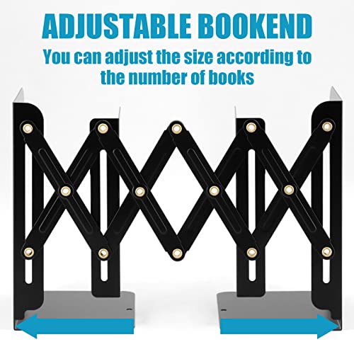 Adjustable Bookends, Book Holders for Shelves, Metal Book Ends for Heavy Books, Extends Up to 17 Inches Used in Office, Desk and School (Black)