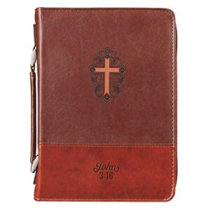 christian art gifts men’s classic bible cover cross john 3:16, brown faux leather, medium