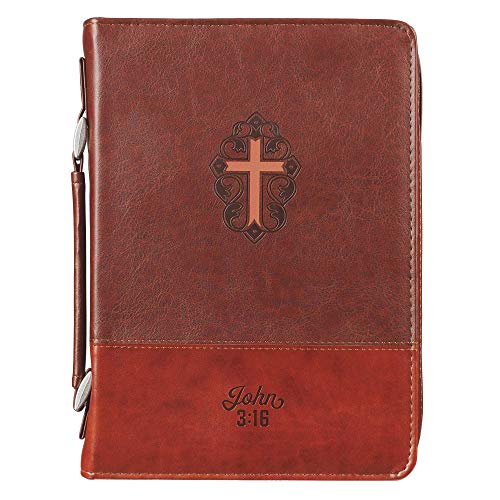 Christian Art Gifts Men's Classic Bible Cover Cross John 3:16, Brown Faux Leather, Medium