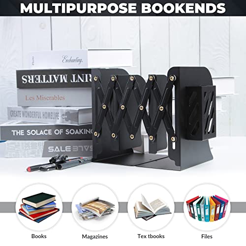 Auxu Adjustable Desk Storage Bookends with Pen Stand Holder – 2-in-1 Bookend and Pen Stand – Telescopic Design – Expands Up to 20” – Multipurpose and Versatile – Desktop Accessory