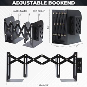 Auxu Adjustable Desk Storage Bookends with Pen Stand Holder – 2-in-1 Bookend and Pen Stand – Telescopic Design – Expands Up to 20” – Multipurpose and Versatile – Desktop Accessory