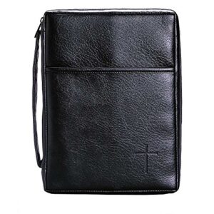 soft black embossed cross with front pocket leather look bible cover with handle, large