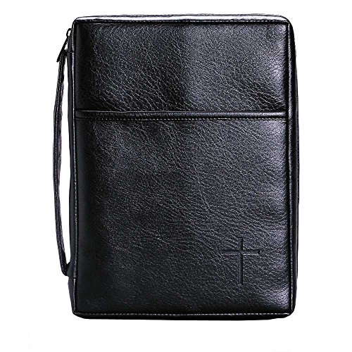 Soft Black Embossed Cross with Front Pocket Leather Look Bible Cover with Handle, Large