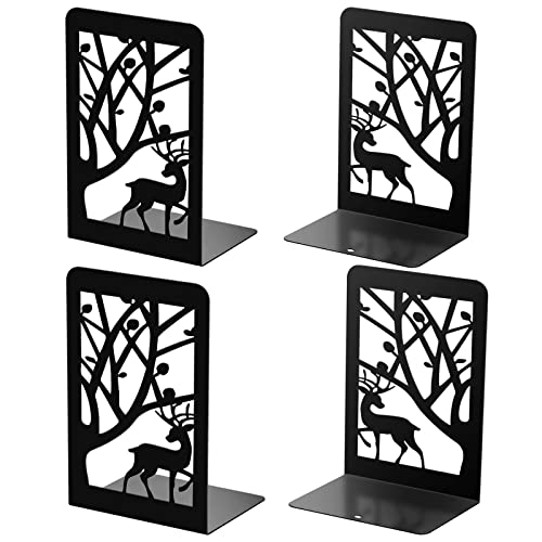 Book Ends Deer and Tree Art Frosted Surface Scratch Resistance Book Shelves Modern Design Thickened Sturdy Metal Bookend Heavy Strong Duty Book Stopper for CDs Decorative Book Shelf Decor 7x4.7x3.6”