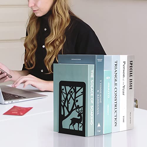 Book Ends Deer and Tree Art Frosted Surface Scratch Resistance Book Shelves Modern Design Thickened Sturdy Metal Bookend Heavy Strong Duty Book Stopper for CDs Decorative Book Shelf Decor 7x4.7x3.6”