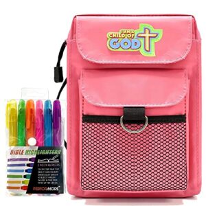 children’s bible cover – pink – medium; with 6 assorted gel highlighter pens in snap pvc wallet