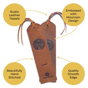 Leather Bookmark Handmade with Mountain Design - 2 Genuine Leather Book Marks - Perfect Bookmarks for Men Women and Kids | Great Book Lovers Gift for Bookworms Writers Friends and Family