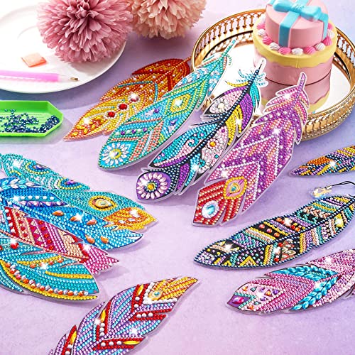 12 Pcs 5D Diamond Painting Bookmarks Crystal Feather Bookmark Acrylic Diamond Art Bookmarks Pendant Diamond Drawing Bookmarks Rhinestone Bookmarks for Adults Kids Home Office School Gift Supplies