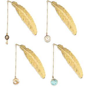 4 pieces metal feather bookmarks pendant bookmark gold retro book page markers,perfect gift for reader,women,kids,students, teachers,friends and book lovers(key,sea shell,treasure,clock）