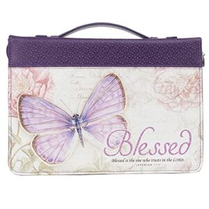 christian art gifts women’s fashion bible cover blessed butterfly jeremiah 17:7, purple floral faux leather, xl