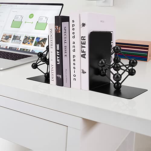 TENGZHEN Metal Bookend Black Book Ends, Heavy-Duty Bookends for Shelves, Book Ends for Heavy Books, Black Geometric Ball Decor Shapes Bookend,Book Shelf Holder Home Office Decorative Desktop Organizer