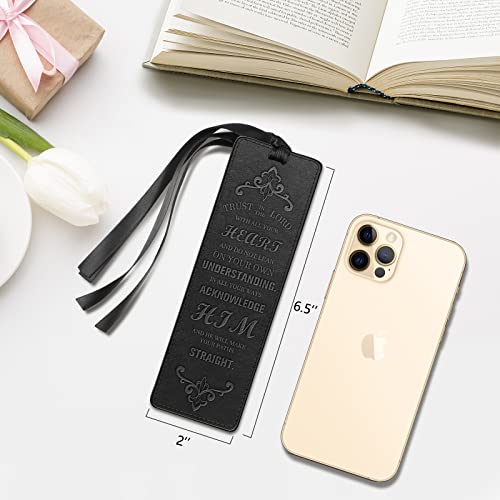 FINPAC Leather Bible Bookmarks, Vegan Leather Bookmarks, Religious Bookmarks, Bible Verse Book Markers Church Gifts for Women Men [Trust in The Lord with All Your Heart] - Black