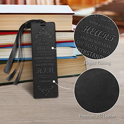 FINPAC Leather Bible Bookmarks, Vegan Leather Bookmarks, Religious Bookmarks, Bible Verse Book Markers Church Gifts for Women Men [Trust in The Lord with All Your Heart] - Black