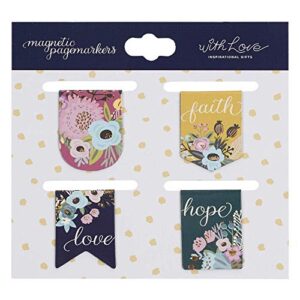 faith, hope, love vintage floral mini magnetic bookmarks with inspirational designs, set of 4 extra small pagemarkers, staple/paperclip replacement
