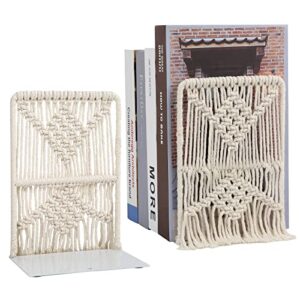 2 pieces boho macrame bookends metal book stopper farmhouse modern decorative book ends movies cd book holders for office home book shelf (7.9×5.9×3.6 inch)