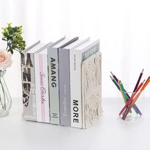 2 Pieces Boho Macrame Bookends Metal Book Stopper Farmhouse Modern Decorative Book Ends Movies CD Book Holders for Office Home Book Shelf (7.9x5.9x3.6 inch)