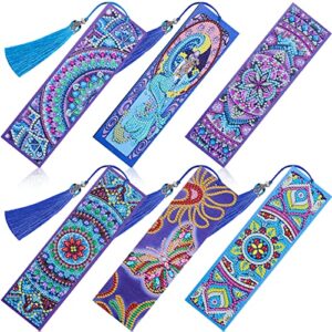 6 pieces 5d diamond bookmark diy painting bookmark floral beaded bookmarks leather tassel bookmark for diy making arts crafts students adults graduation birthday embroidery (elegant style)