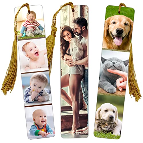 Personalized Bookmarks with Picture Text - Wooden Custom Bookmarks Photo - Double-Sided Customized Bookmark with Gold Tassel for Men Women Kids Gifts for Birthdays Christmas Valentine's Day