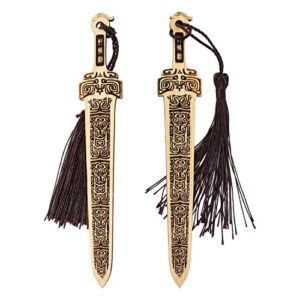 yueton 2pcs creative vintage style bookmarks sword shaped bamboo bookmark with beautiful tassels for office, school, home, library and bookstore use – with a gift box