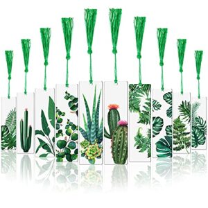 10 Pcs Bookmarks with Tassels Acrylic Bookmarks Resin Plant Bookmark with 10 Pieces Green Tassels Plant Reading Transparent Bookmark for Women Teacher Kids Book Lovers