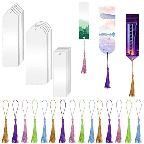 15 Pcs Acrylic Bookmark Blanks Bulk Clear Bookmarks with 15 Pcs Colorful Tassels Acrylic Craft Bookmarks Clear Resin Bookmark for DIY Projects, Present Tags, Price Tags (3 Styles)