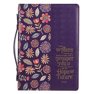 christian art gifts women’s fashion bible cover i know the plans, purple/gold floral faux leather, large