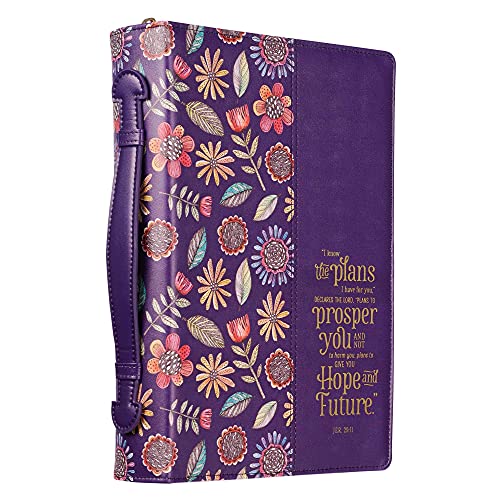 Christian Art Gifts Women's Fashion Bible Cover I Know The Plans, Purple/Gold Floral Faux Leather, Large