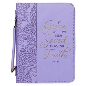 christian art gifts faux leather fashion bible cover for women: by grace you have been saved – ephesians 2:8 inspirational bible verse, hydrangea lilac purple, medium