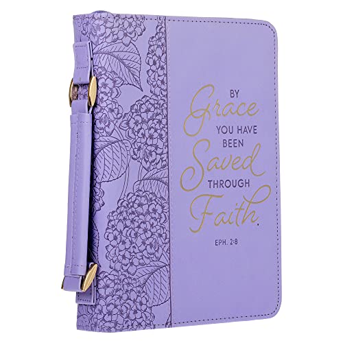 Christian Art Gifts Faux Leather Fashion Bible Cover for Women: by Grace You Have Been Saved - Ephesians 2:8 Inspirational Bible Verse, Hydrangea Lilac Purple, Medium
