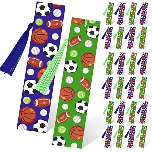 24 Pieces Sports Bookmarks Sports Party Favors Baseball Football Basketball Soccer Themed Sports Bookmarks with Tassels for Teens Students Adults School Office Reading Reward Graduation Party Supplies