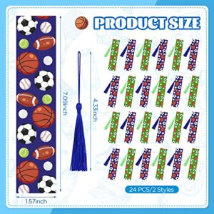 24 Pieces Sports Bookmarks Sports Party Favors Baseball Football Basketball Soccer Themed Sports Bookmarks with Tassels for Teens Students Adults School Office Reading Reward Graduation Party Supplies