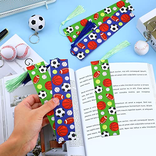 24 Pieces Sports Bookmarks Sports Party Favors Baseball Football Basketball Soccer Themed Sports Bookmarks with Tassels for Teens Students Adults School Office Reading Reward Graduation Party Supplies