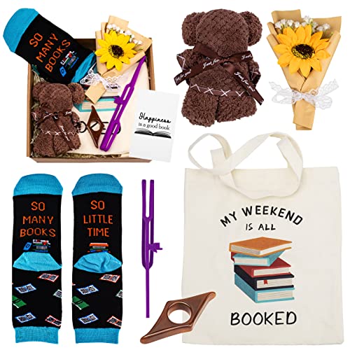 Niduilef Book Lovers Gifts for Women-Birthday Christmas Gifts Box Includes Book Tote Bag, Reading Book Socks, Bookmark,Page Holder,Towel, Flowers for Teacher Friends Family