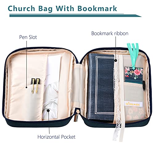 Bible Cover, Carrying Book Case Church Bag Bible Protective with Handle and Front Pocket, Perfect Gift for Mother Kids Girls Women 10"x7.5"x2.4"(Navy Floral)