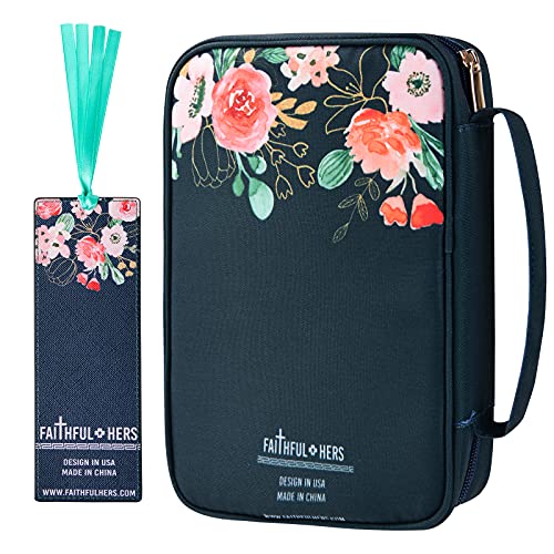 Bible Cover, Carrying Book Case Church Bag Bible Protective with Handle and Front Pocket, Perfect Gift for Mother Kids Girls Women 10"x7.5"x2.4"(Navy Floral)