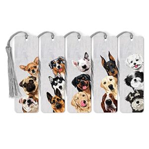wirester set of 5 paper bookmarks with tassel for students, reader, teachers, book lovers – cute dog breeds (bulldog, puppy dog, chihuahua, german shepherd, siberian husky, retriever, basset hound)