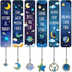 12 pcs bookmarks for children cat moon star celestial theme space bookmarks with metal charms inspirational quotes bookmarker gift for kids boys girls school reading (novelty style)
