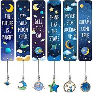 12 Pcs Bookmarks for Children Cat Moon Star Celestial Theme Space Bookmarks with Metal Charms Inspirational Quotes Bookmarker Gift for Kids Boys Girls School Reading (Novelty Style)