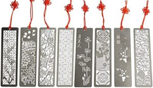 metal bookmarks 8 pcs hollow art stainless steel book mark with red enless knot, bookmarks gift for men women book lovers, unique book marks accessories