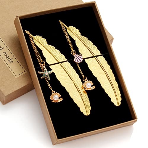 2 PCS Metal Feather Bookmarks with Unique Pendants by Soykay (Gold Seashell & Starfish)
