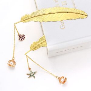 2 PCS Metal Feather Bookmarks with Unique Pendants by Soykay (Gold Seashell & Starfish)