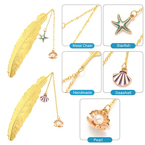 2 PCS Metal Feather Bookmarks with Unique Pendants by Soykay (Gold Seashell & Starfish)