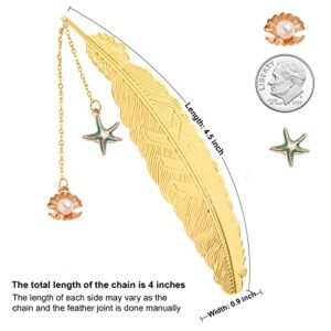 2 PCS Metal Feather Bookmarks with Unique Pendants by Soykay (Gold Seashell & Starfish)