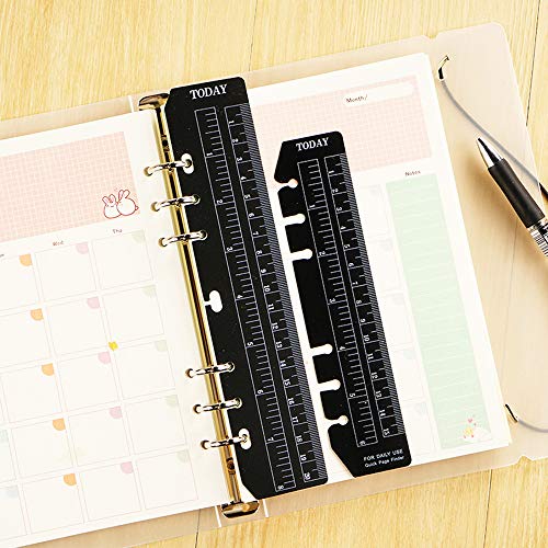 JKJF 4 Pcs Plastic Page Marker Snap-in Bookmark Ruler Binder Ruler for A5 Size 6-Hole Notebook Filler - Clear and Black