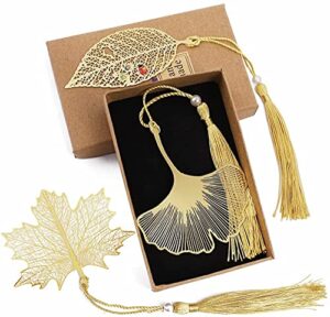 3 pcs metal leaf bookmark, classical vintage bookmarks book page marker gold tassel pendants with gift box for reader women and kids（sycamore, ginkgo, ladybug leaves）