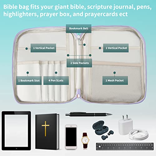 easymake Bible Covers for Women Zippered Pocket Bible Bags Carrying Case with Handles, Bible Cases Multi-Functional Organizer with Floral Pattern Purple on Cover, Gifts for Kids Girls Women