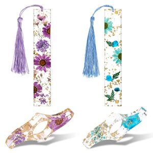 4 pieces dried flower resin bookmarks,transparent floral book page holder and book mark set handmade bookmarks with tassel cute book accessories gift for reading lover students teachers