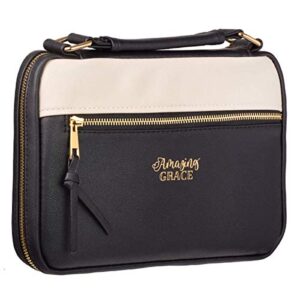 Christian Art Gifts Women's Vegan Leather Fashion Bible Cover: Amazing Grace - Inspirational Zipper Water-Resistant Protective Carry Case w/Tassel, Pockets & Pen Loops, Black & Tan w/Gold